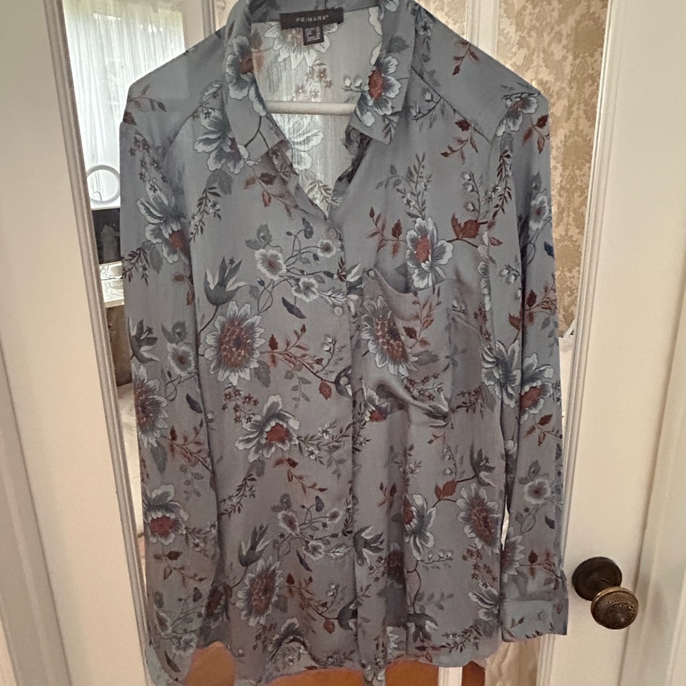 Primark Floral Button-Up Blouse in slate blue